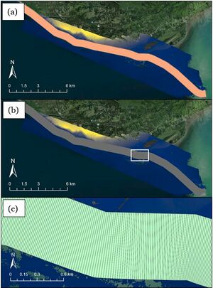 The clip mask polygon (A) is shown in orange and contains the entirety of the focus segment as on single polygon. Below that, the transect mask polygons (B) are shown across the whole study area as well as a zoomed in extent (C). These polygons are created between each transect pair.