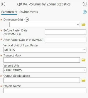 A screenshot of the ArcPro geoprocessing panel for Step 4. The "Difference Grid" input allows the user to select the file from a dropdown menu or the file explorer. The "Before Raster Date" and "After Raster Date" inputs are text boxes which require the input be Year, Month, then Date with no spaces or punctuation (YYYYMMDD). The "Vertical Unit of Input Raster" allows user to select appropriate units from a drop down menu. The "Transect Mask" allows the user to enter file locations as text or select from the file explorer. The "Volume Unit" input allows users to select desired unit from a drop down menu. The "Output Geodatabase" input allows the user to enter file locations as text or select from the file explorer. The "Project Name" input is a text input which must start with letters.
