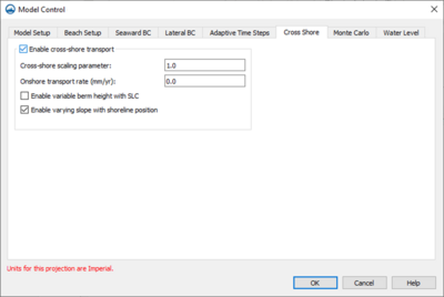 GenCade Model Control dialog showing the Cross Shore tab