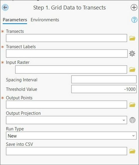 A screenshot of the first step of the Profile Feature Extraction Toolbox, grid data to transects. All inputs are blank and are mentioned below in the report.