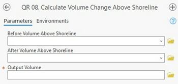 A screenshot of the ArcPro geoprocessing panel for Step 8. The "Before Volume Above Shoreline" and "After Volume Above Shoreline" inputs allow the user to specify a file from either a drop down menu or from the file explorer. The "Output Volume" input allows the user to enter file locations as text or select from the file explorer.
