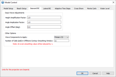 GenCade Model Control dialog showing the Seaward BC tab