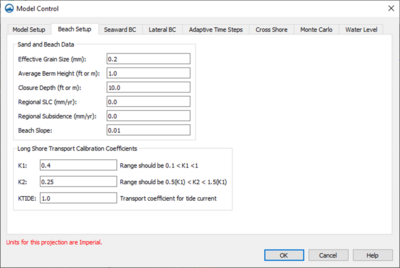 GenCade Model Control dialog showing the Beach Setup tab